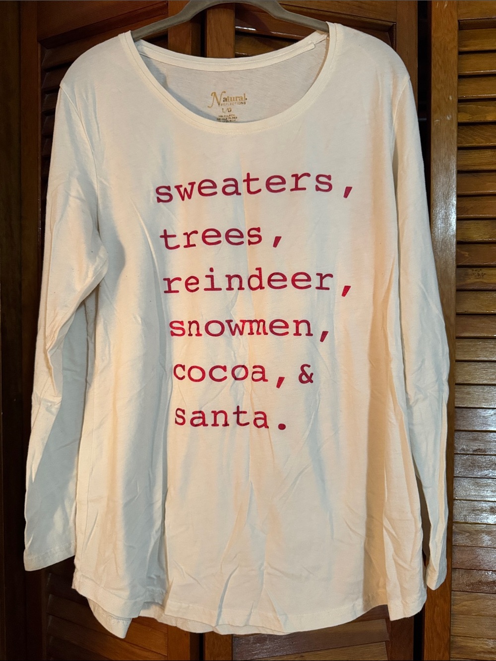 Cream Crewneck Sweater with Red Holiday Text